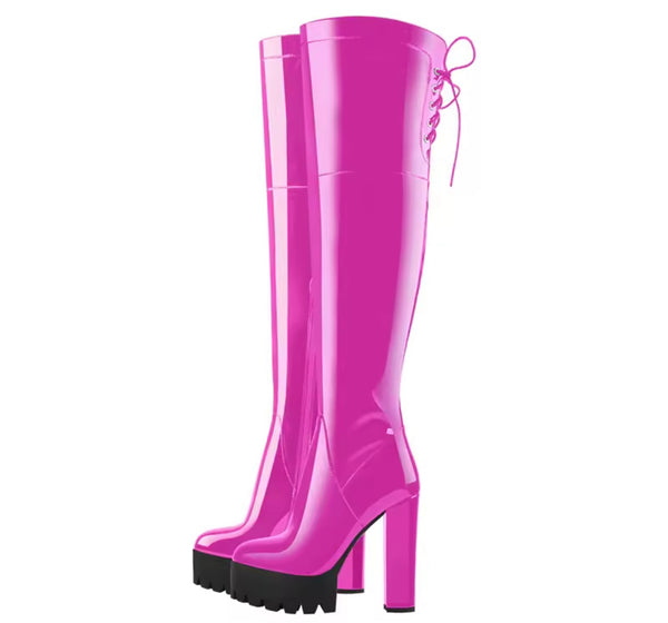 Women Fashion Pink Patent Leather Platform Knee High Boots