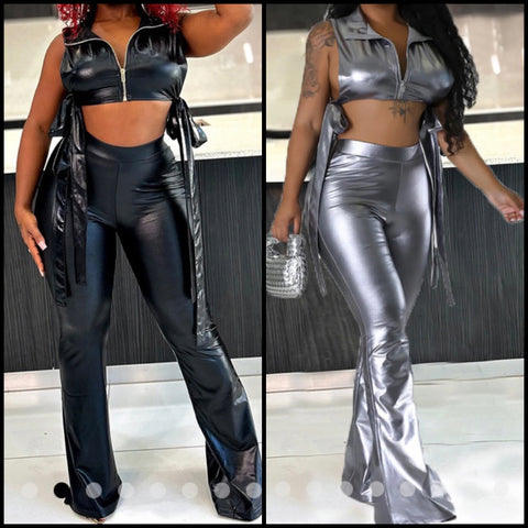 Women Sexy Zip Up Sleeveless Crop PU Two Piece Pant Set