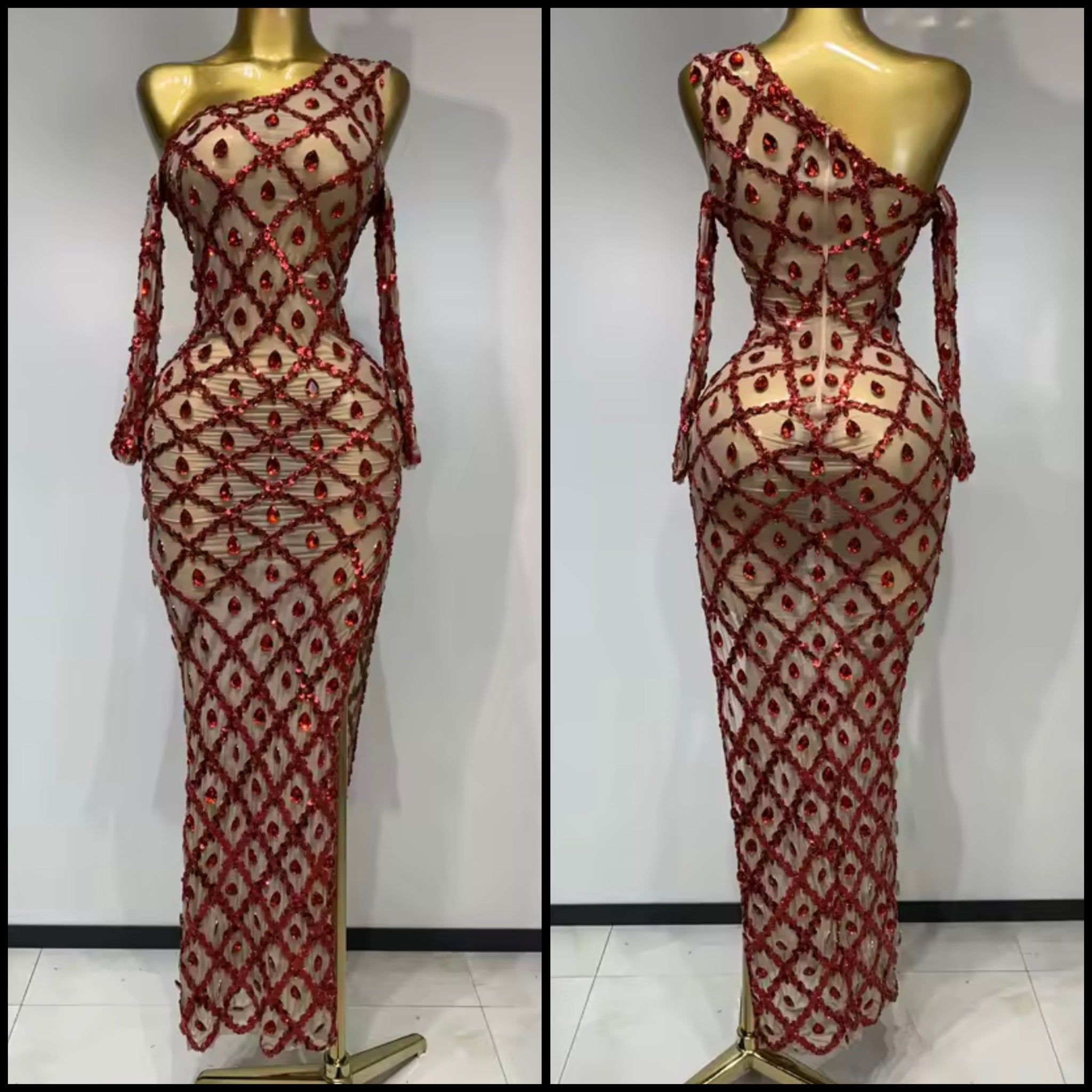 Women Sexy One Shoulder Full Sleeve Crystal Mesh Maxi Dress