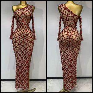 Women Sexy One Shoulder Full Sleeve Crystal Mesh Maxi Dress