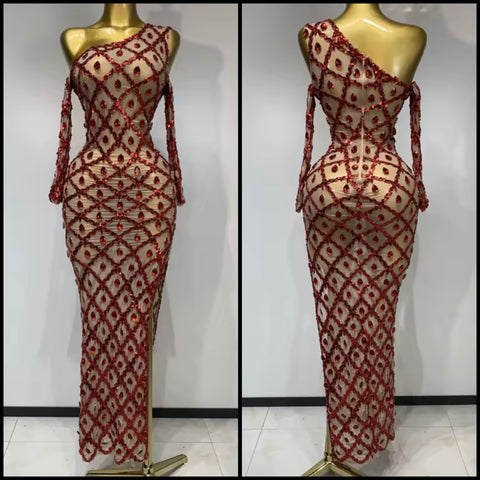 Women Sexy One Shoulder Full Sleeve Crystal Mesh Maxi Dress