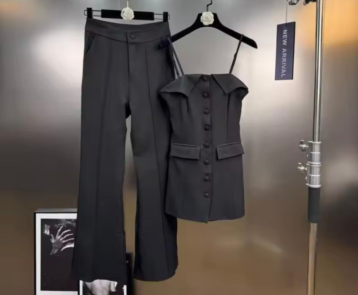 Women Fashion Sleeveless Black Button Up Two Piece Pant Set
