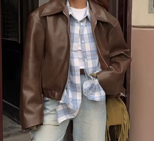 Women Color Zip Up Fashion Faux Leather Jacket