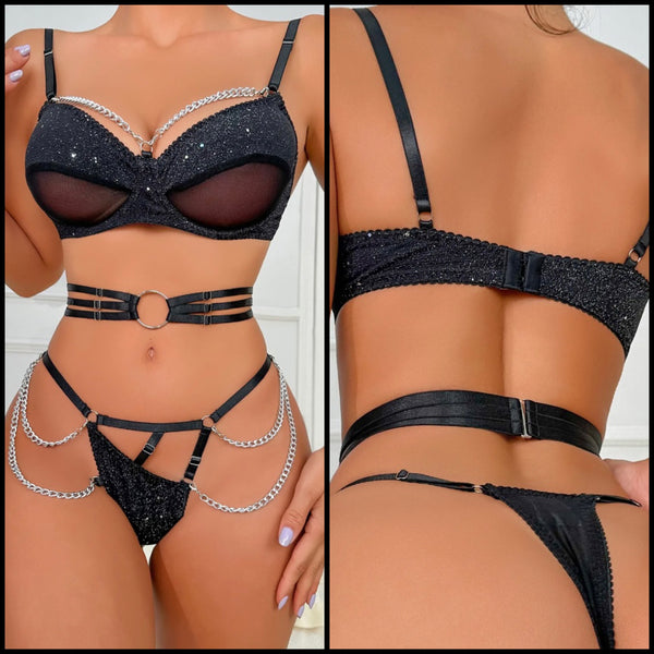 Women Sexy Sparkle Chain Black Lingerie Set