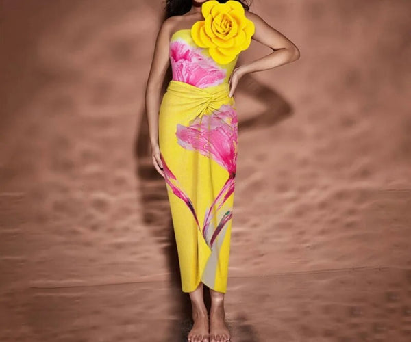 Women Rose One Shoulder Color Patchwork Swimsuit Cover Up Set