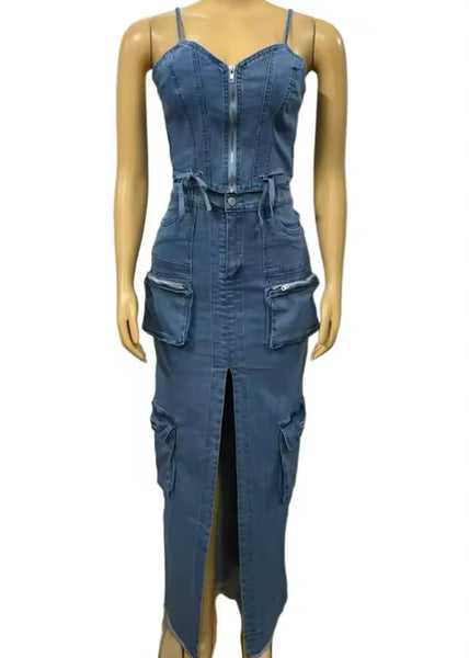 Women Sleeveless Zip Up Denim Two Piece Sexy Maxi Skirt Set