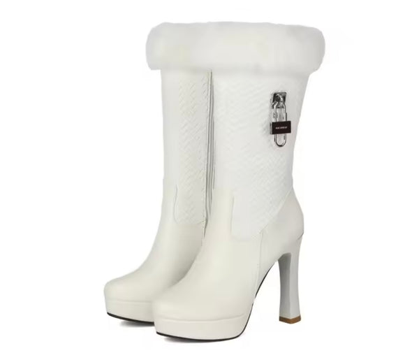 Women Fashion Faux Leather Fur Buckled Lock High Heel Boots