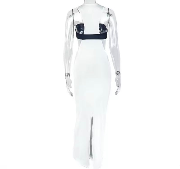 Women Sexy Halter Sleeveless B&W Bow Cut Out Maxi Dress