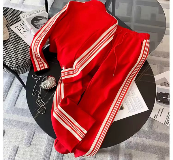 Women Zip Up Striped Fashion Tracksuit Two Piece Pant Set