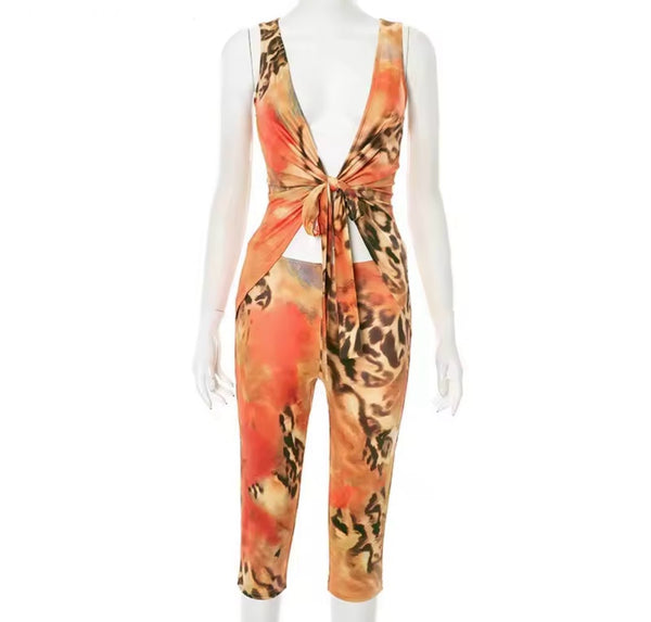 Women Sexy Sleeveless Orange Animal Print Two Piece Capri Pant Set