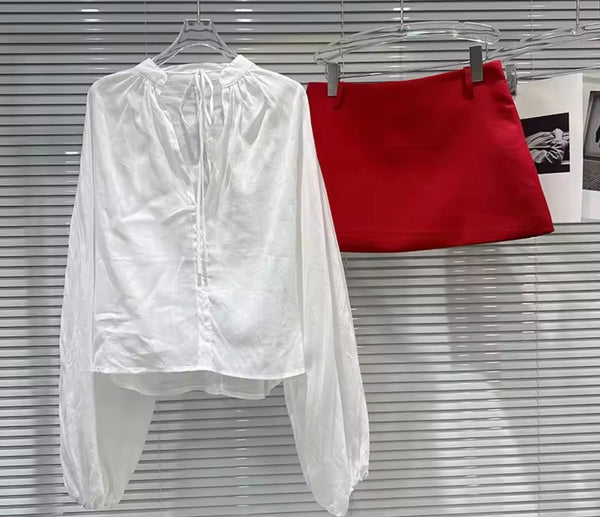 Women White Full Sleeve Two Piece Red Skirt Set