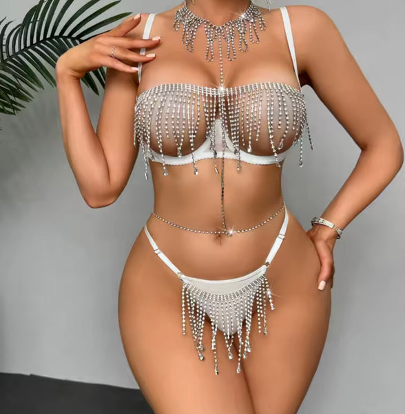 Women Sexy Rhinestone Tassel Mesh Lingerie Set