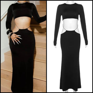 Women Sexy Black Full Sleeve Crop Two Piece Maxi Skirt Set