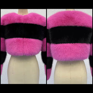 Women Fashion Color Patchwork Striped Faux Fur Jacket