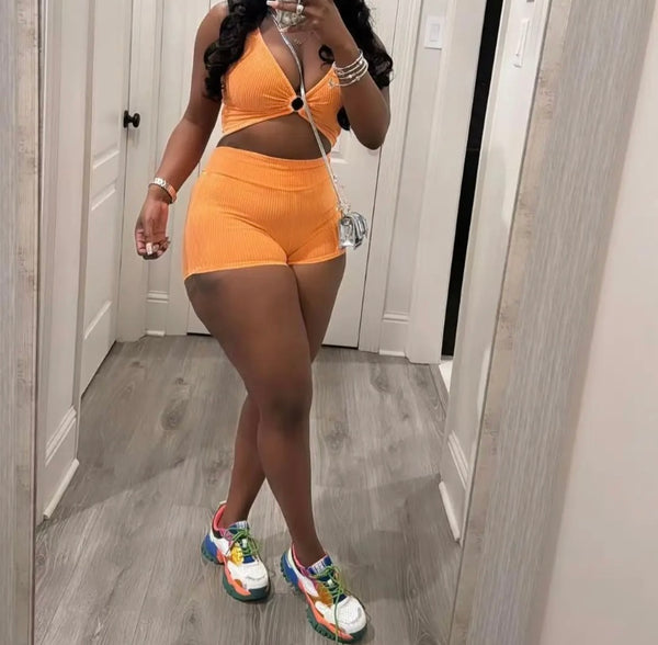 Women Ribbed Sleeveless Sexy Solid Color Two Piece Short Set
