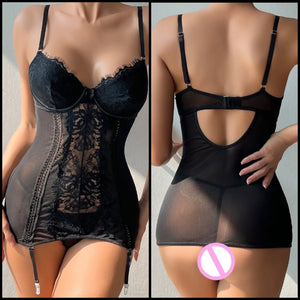 Women Sexy Black Lace Mesh Sleeveless Lingerie Set