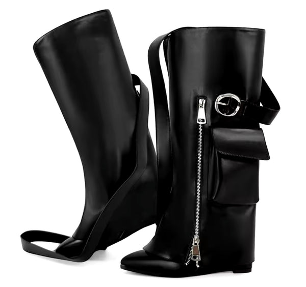 Women Black Zipper Detachable Buckled Pocket Knee High Boots