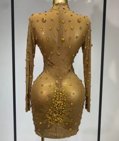 Women Sexy Bling Crystal Mesh Full Sleeve Dress