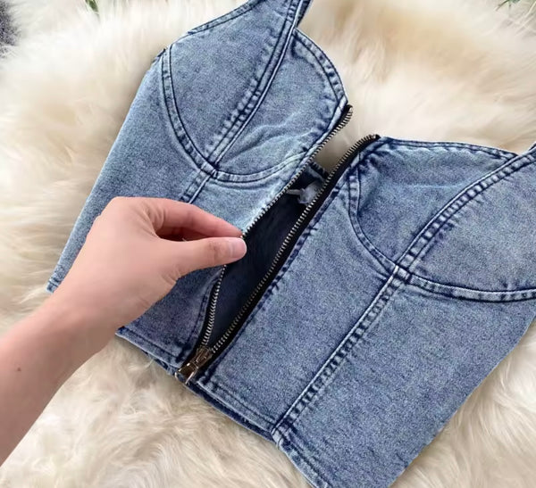 Women Sexy Zip Up Sleeveless Two Piece Denim Maxi Skirt Set