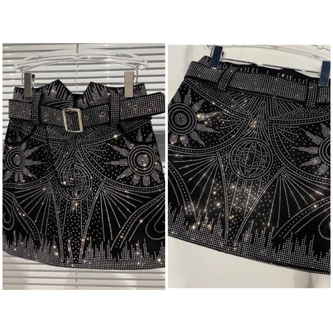 Women Printed Rhinestone Belted Fashion Skirt