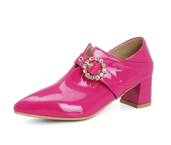 Women Color Fashion Pointed Toe Patent Leather Bling Buckled Shoes