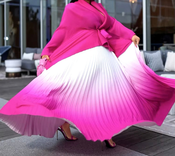 Women Full Sleeve Gradient Two Piece Pleated Maxi Skirt Set