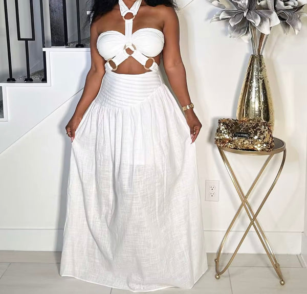 Women White Halter Sleeveless Sexy Two Piece Maxi Skirt Set