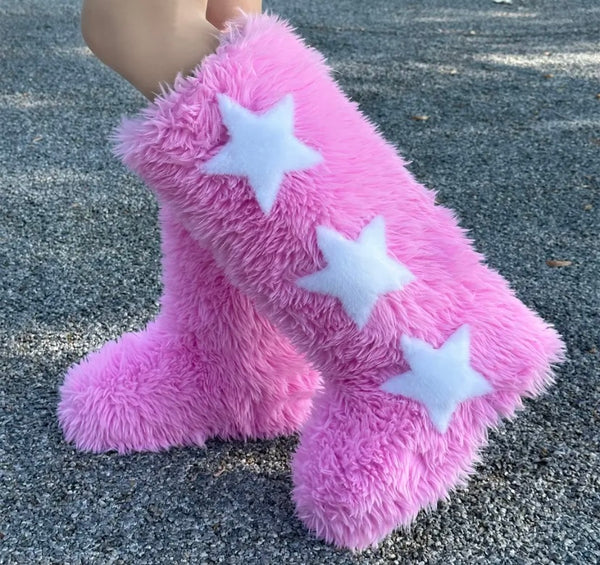 Women Fluffy Fashion Star Print Faux Fur Boots
