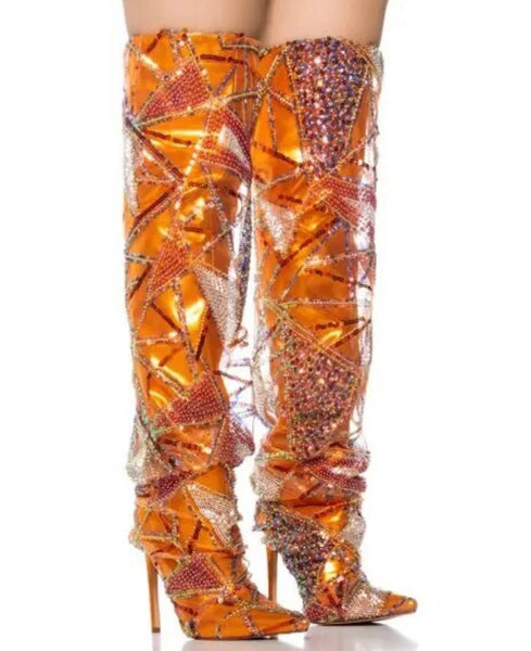 Women Fashion Orange Bling Patchwork Over The Knee Boots