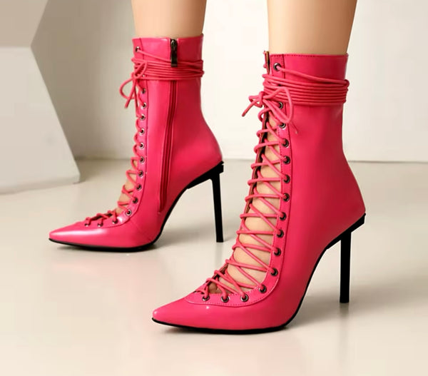 Women Fashion Pointed Toe Patent Leather Lace Up Ankle Boots