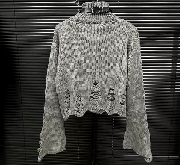 Women Fashion Ripped Turtleneck Full Sleeve Sweater Top