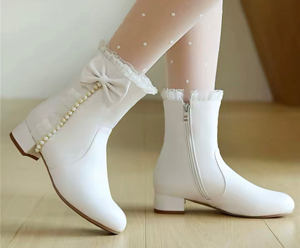 Women Fashion Pearl Color Patchwork Ruffled Bow Flat Ankle Boots