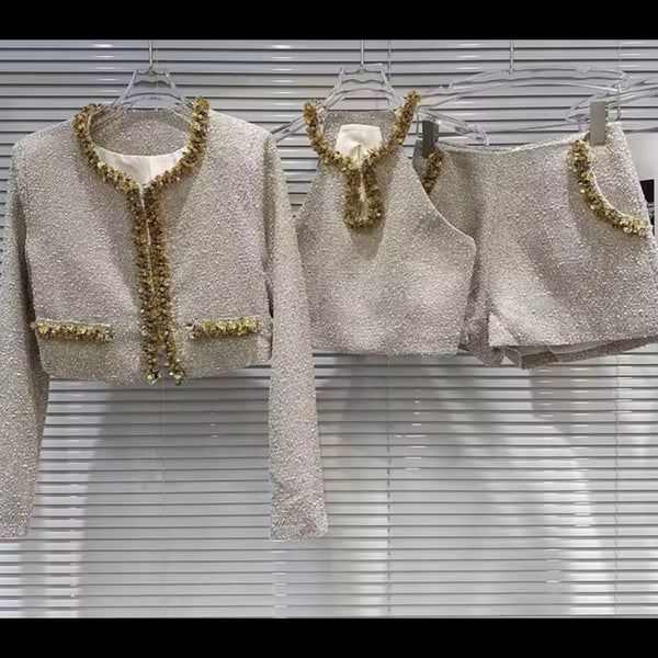 Women Gold Sequins Patchwork Tweed Three Piece Short Set