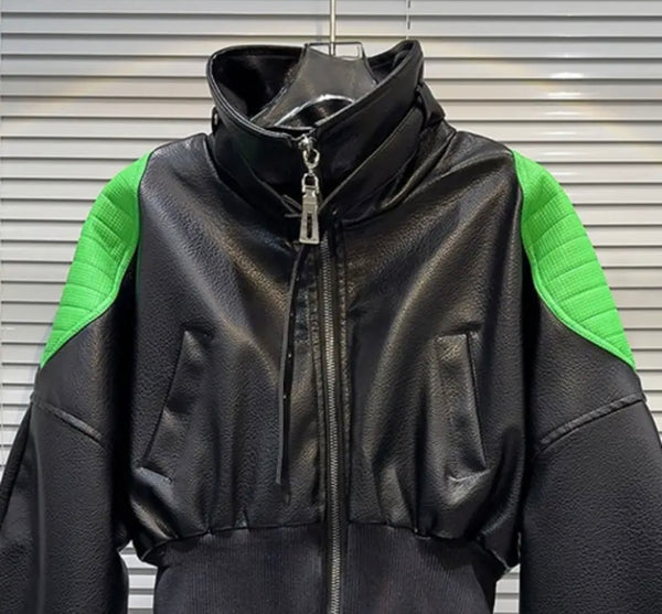 Women Fashion Color Patchwork Faux Leather Jacket