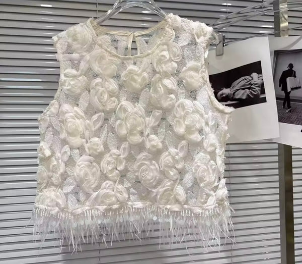 Women Floral Sleeveless Fringe Two Piece Velour Skirt Set