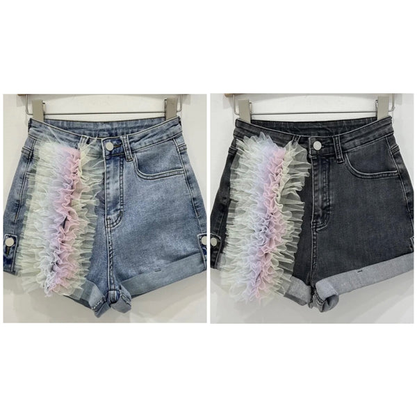 Women Fashion Colorful Ruffled Mesh Patchwork Denim Shorts