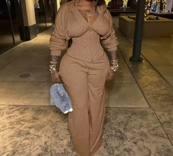 Women Fashion Hooded Corset Tracksuit Two Piece Pant Set