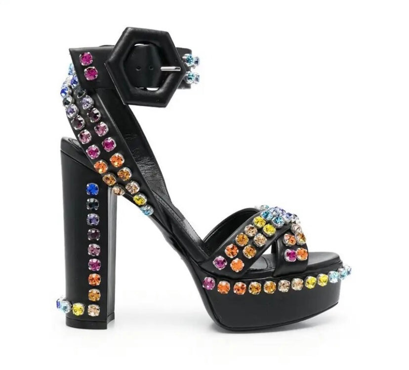 Women Fashion Faux Leather Color Rhinestone Platform Sandals