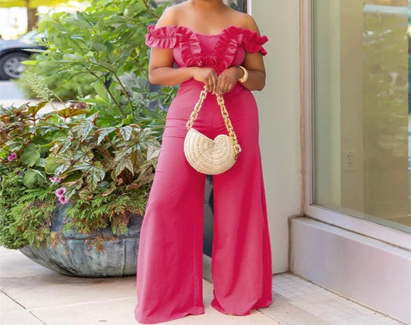 Women Sexy Ruffled Off The Shoulder Open Back Jumpsuit