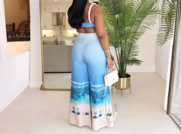 Women Blue Printed Sleeveless Sexy Two Piece Wide Leg Pant Set