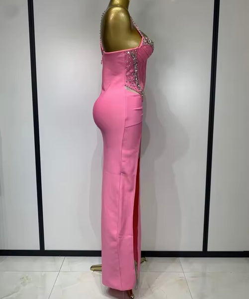 Women Sexy Sleeveless Mesh Rhinestone Patchwork Maxi Dress