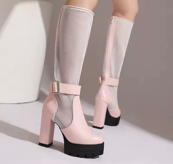 Women Color Buckled Mesh Platform Knee High Fashion Boots