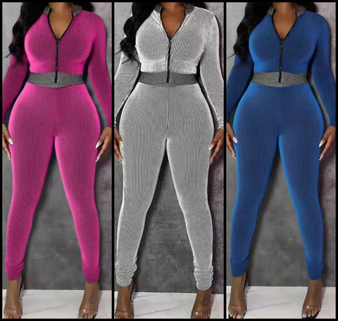 Women Zip Up Striped Full Sleeve Fashion Two Piece Pant Set