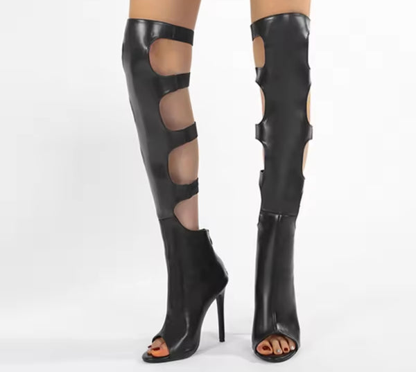 Women Fashion Black Hollow Out Open Toe Knee High Boots
