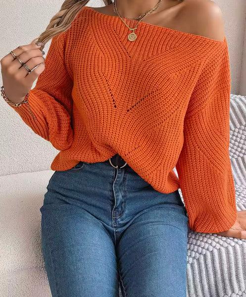 Women Color Off The Shoulder Full Sleeve Oversized Sweater Top