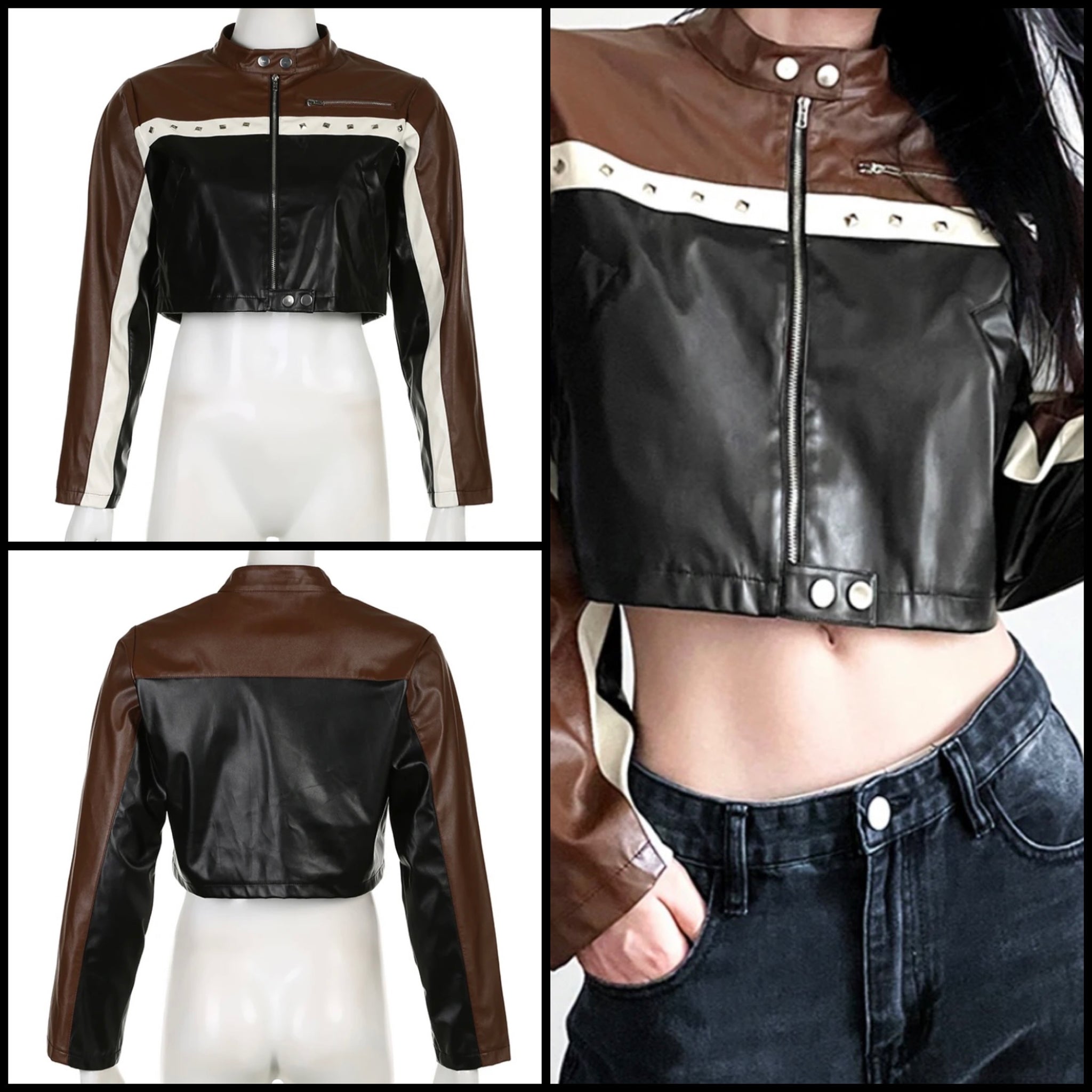 Women Fashion Color Patchwork Faux Leather Crop Jacket
