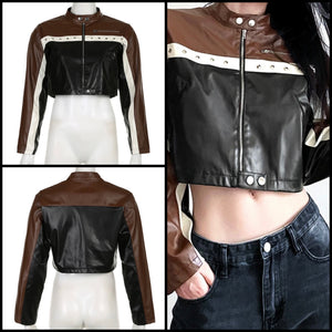Women Fashion Color Patchwork Faux Leather Crop Jacket