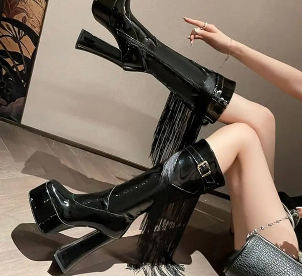 Women Platform Fringe Tassel Fashion Patent Leather Boots