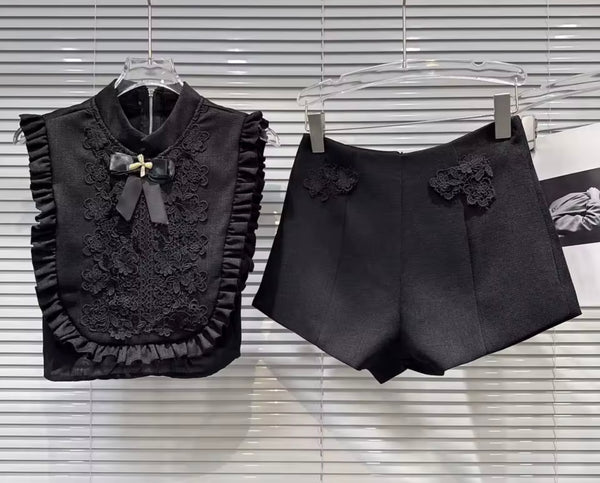 Women Black Pleated Lace Bow Sleeveless Two Piece Short Set