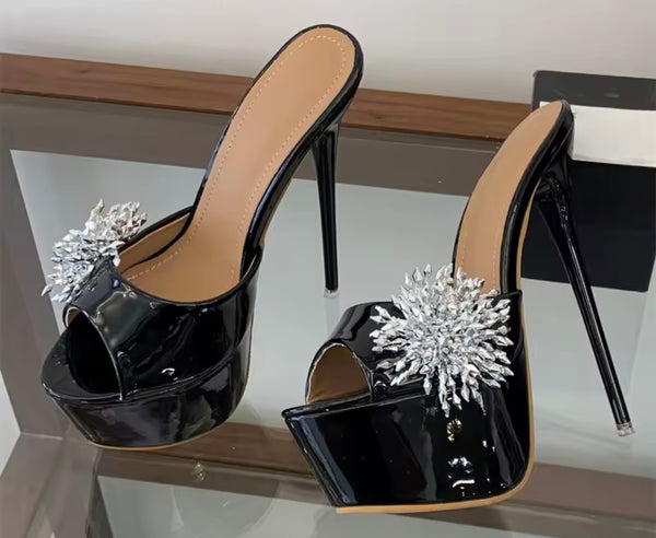 Women Open Toe Patent Leather Rhinestone Platform High Heels